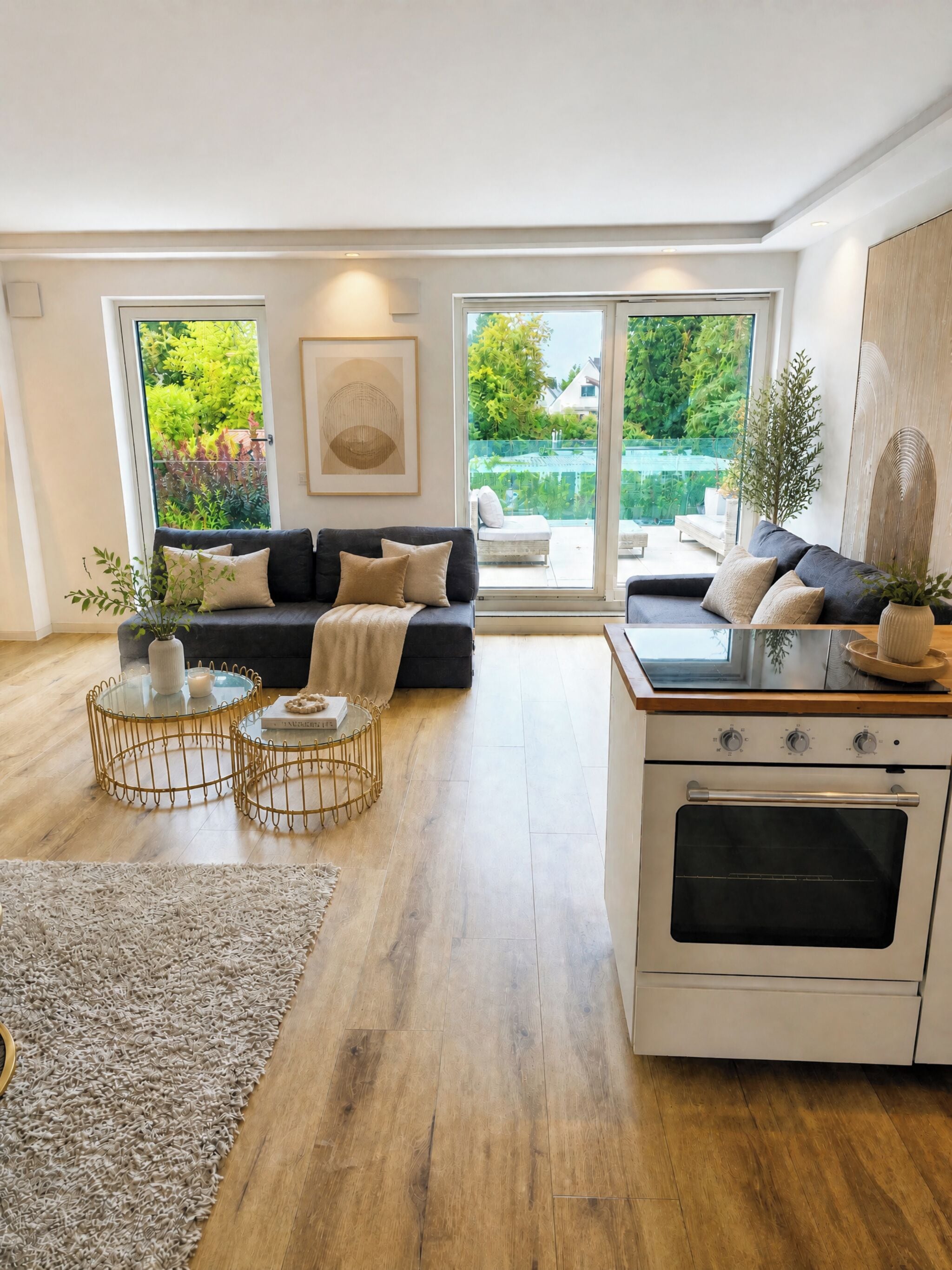 A modern kitchen with a built-in oven, a dining area with a glass table, and a living room with a sofa and a large window.