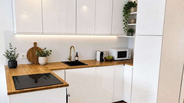 Una cocina moderna con armarios blancos, encimera de madera, un lavabo, microondas y refrigerador.