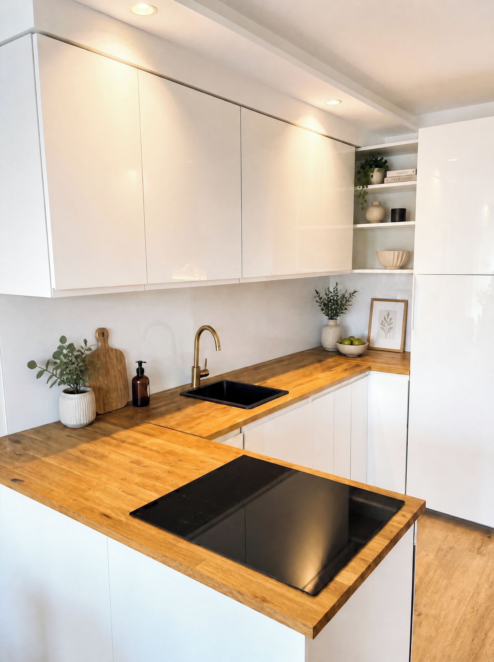 A modern kitchen with white cabinetry, a wooden countertop, and a black induction cooktop.