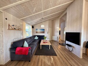 Una Smart TV, una chimenea, un reproductor estéreo