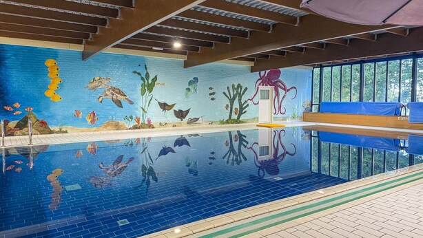 Une piscine intérieure dont les murs sont ornés d’une fresque représentant la vie marine, avec un plongeoir et un espace avec des bancs.