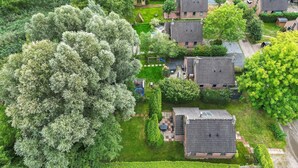 Vue aérienne d’un quartier résidentiel avec plusieurs maisons, un grand arbre et une allée bien visible.