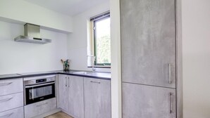 Une cuisine moderne dotée d’appareils électroménagers en acier inoxydable, d’une fenêtre offrant une belle vue et de meubles de rangement de couleur claire.