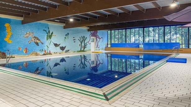 Une piscine intérieure ornée d’une fresque représentant la vie aquatique, dotée d’un plongeoir et offrant une vue sur les arbres à travers de grandes fenêtres.