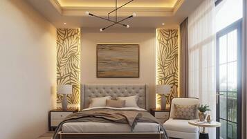 Quarto casal luxo de uso individual, sacada, vista para o pátio