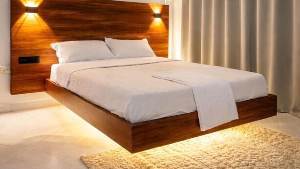A modern bedroom with a wooden headboard, a white bedspread, and a textured rug. - Vo Homes, Modern Kisasi, Kulambiro kyanja Retreat  Quiet, Secure, WiFi Near City (KAMPALA)
