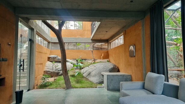 Um interior moderno com parede de vidro, uma árvore e uma área de estar.