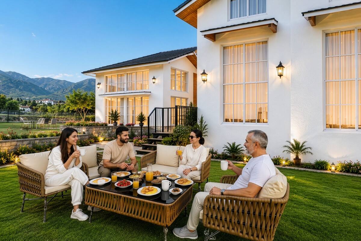 Un groupe de personnes est réuni autour d’une table en plein air, sur une terrasse d’où l’on peut admirer un paysage montagneux.