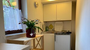 Pieni, käytännöllinen keittiö, jossa on jääkaappi, pesuallas ja ikkuna, jonka edessä tasolla on kukka.