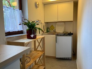 Eine kleine Küche mit Kühlschrank, Spüle und einem Fenster mit einer Pflanze auf der Arbeitsfläche.