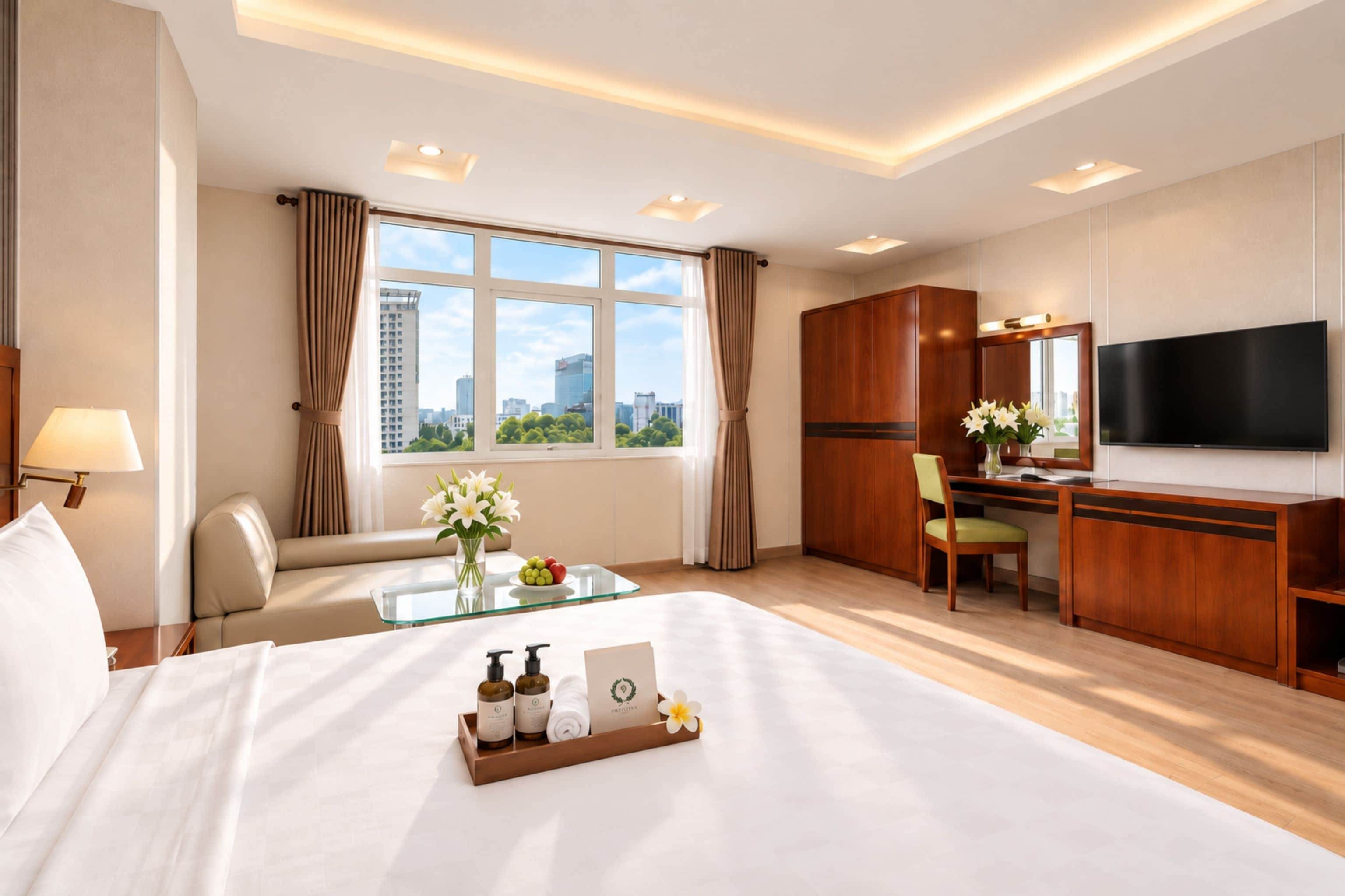A hotel room with a bed, a desk, a chair, a TV, and a window with a city view.