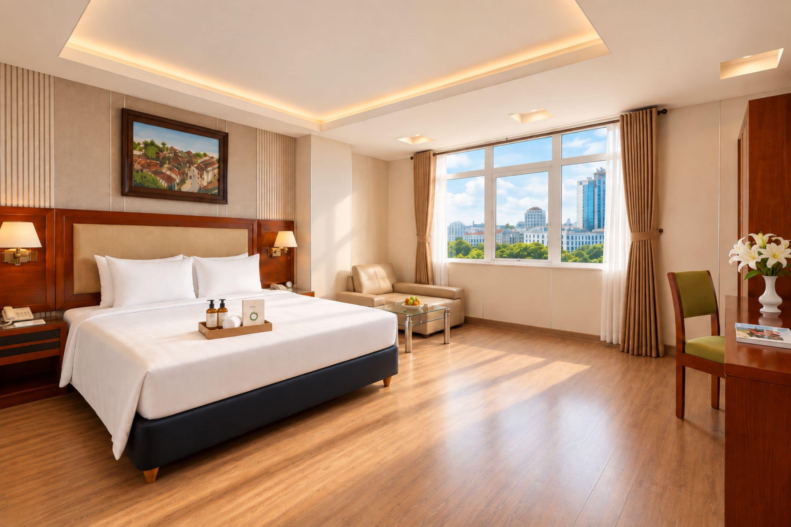 Een hotelkamer met een groot bed, nachtkastjes, een bureau, een stoel, een raam met uitzicht op de stad en een schilderij aan de muur.