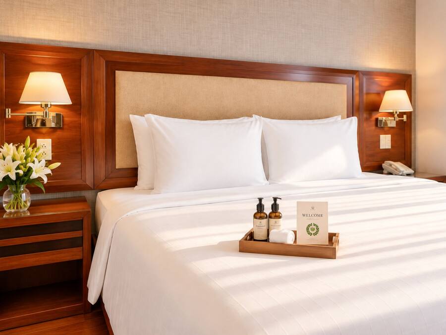 A hotel room with a large bed, two bedside lamps, a nightstand with a vase of flowers, and a welcome tray with toiletries.