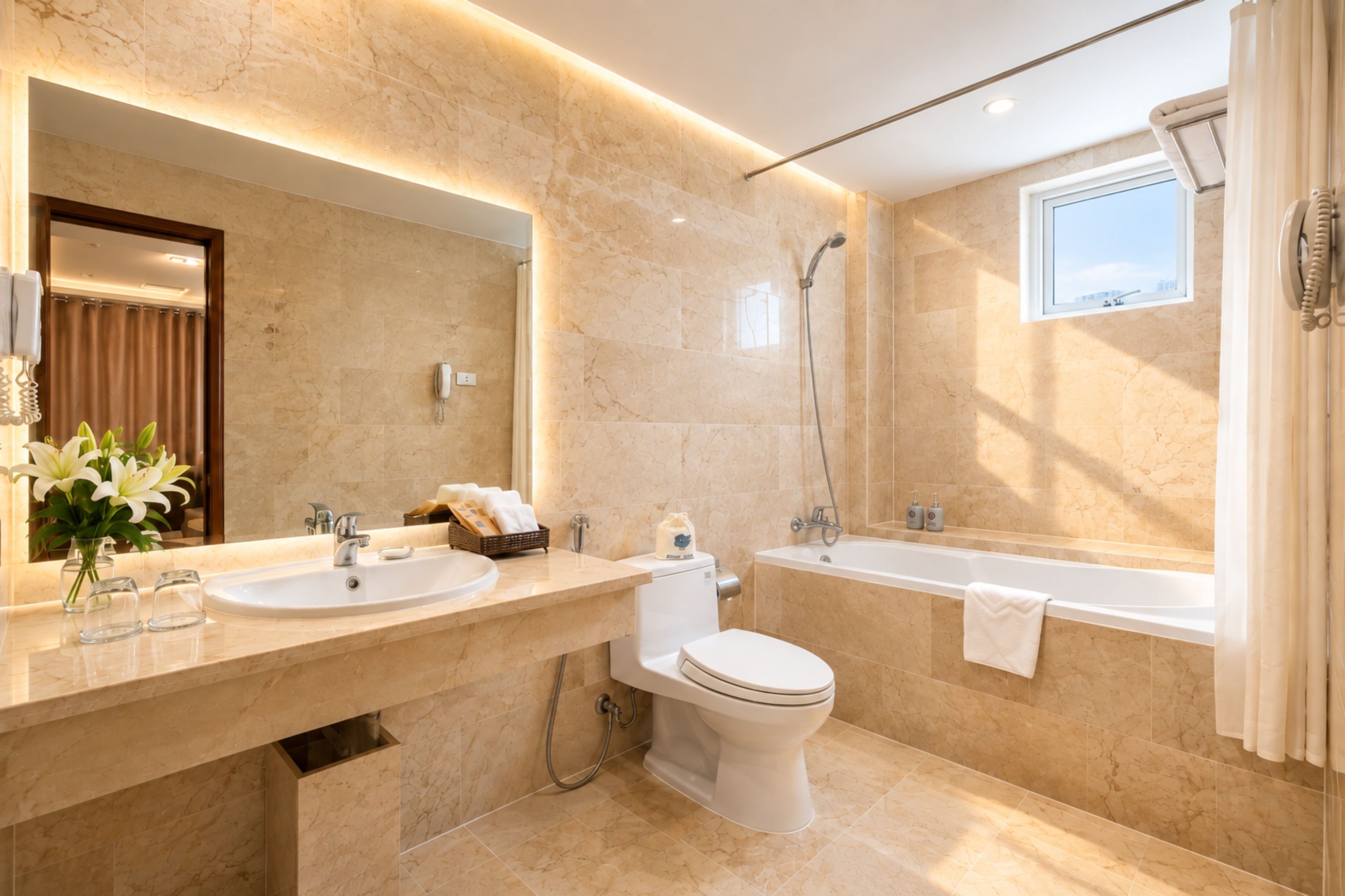 Une salle de bain moderne avec un grand miroir, deux lavabos, des toilettes, une baignoire et une douche.