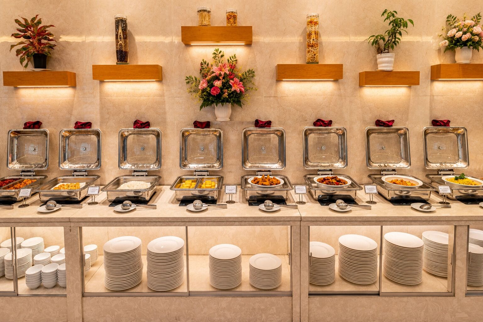 A buffet setup with multiple food stations, each with a glass container and a sign.