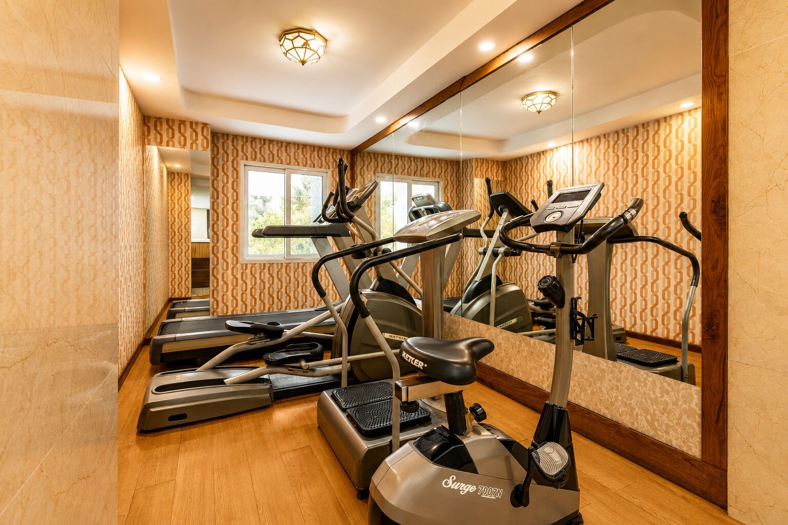 Un gimnasio con cintas de correr, bicicletas estáticas y un espejo grande.