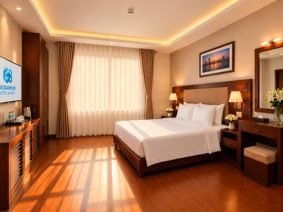 Habitación de hotel con cama, mesitas de noche, televisión, ventana con cortinas y un cuadro en la pared.