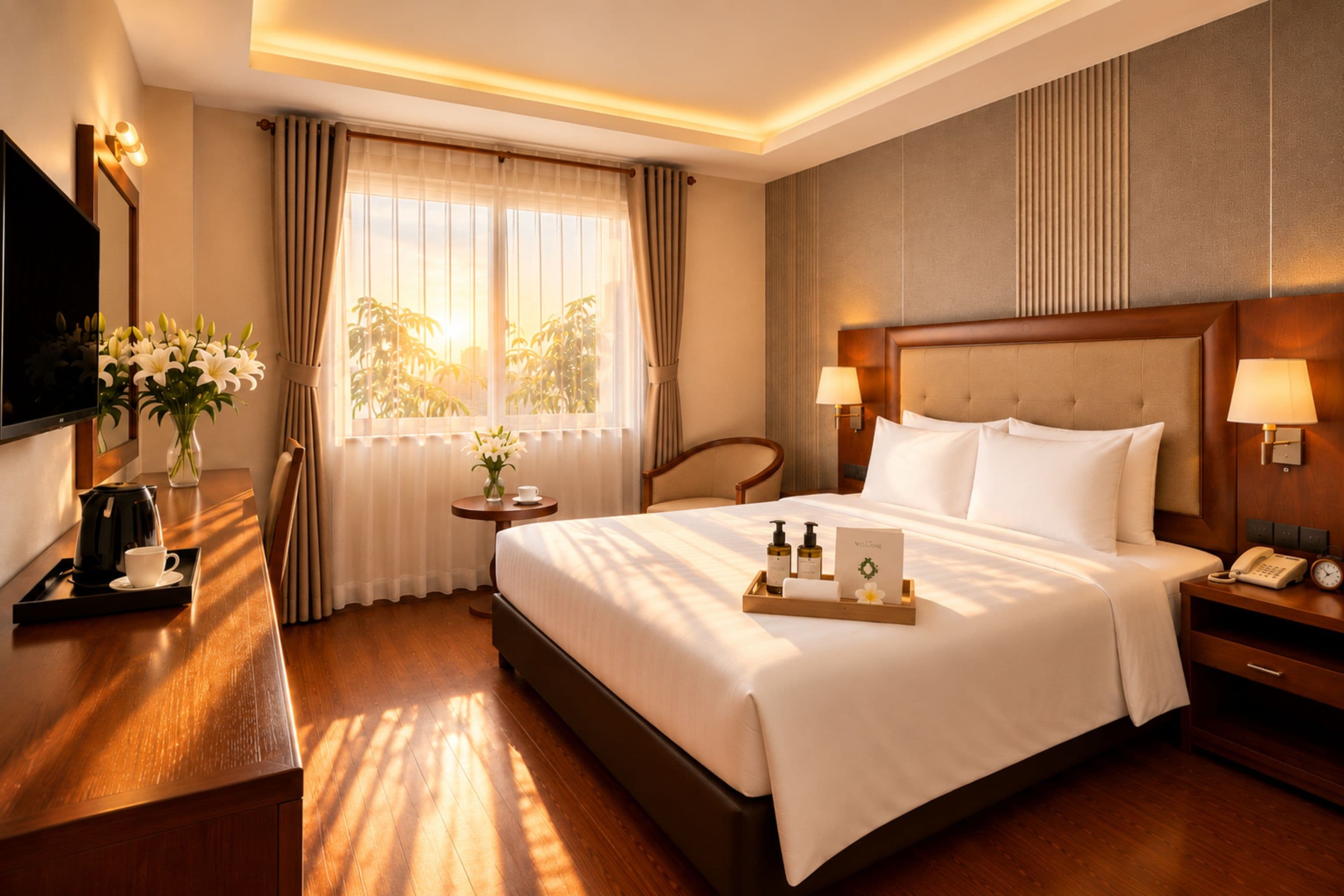 A hotel room with a large bed, bedside tables, a TV, and a window with curtains.