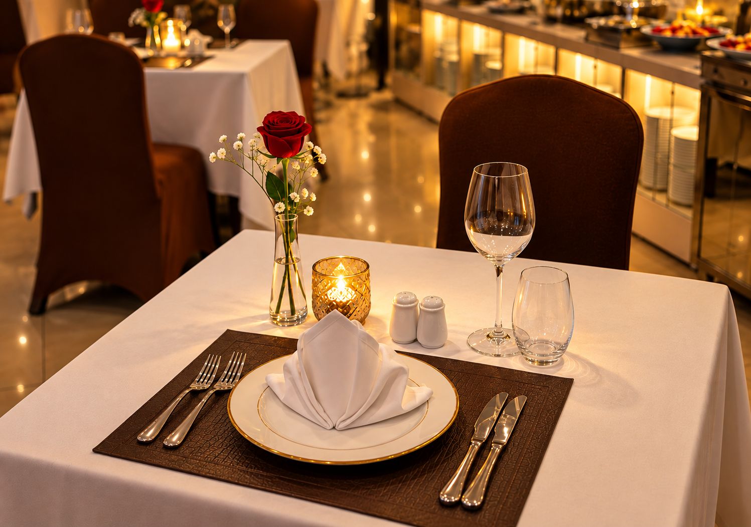 A dining table set with a white tablecloth, a vase with a red rose, salt and pepper shakers, a candle, and a wine glass.