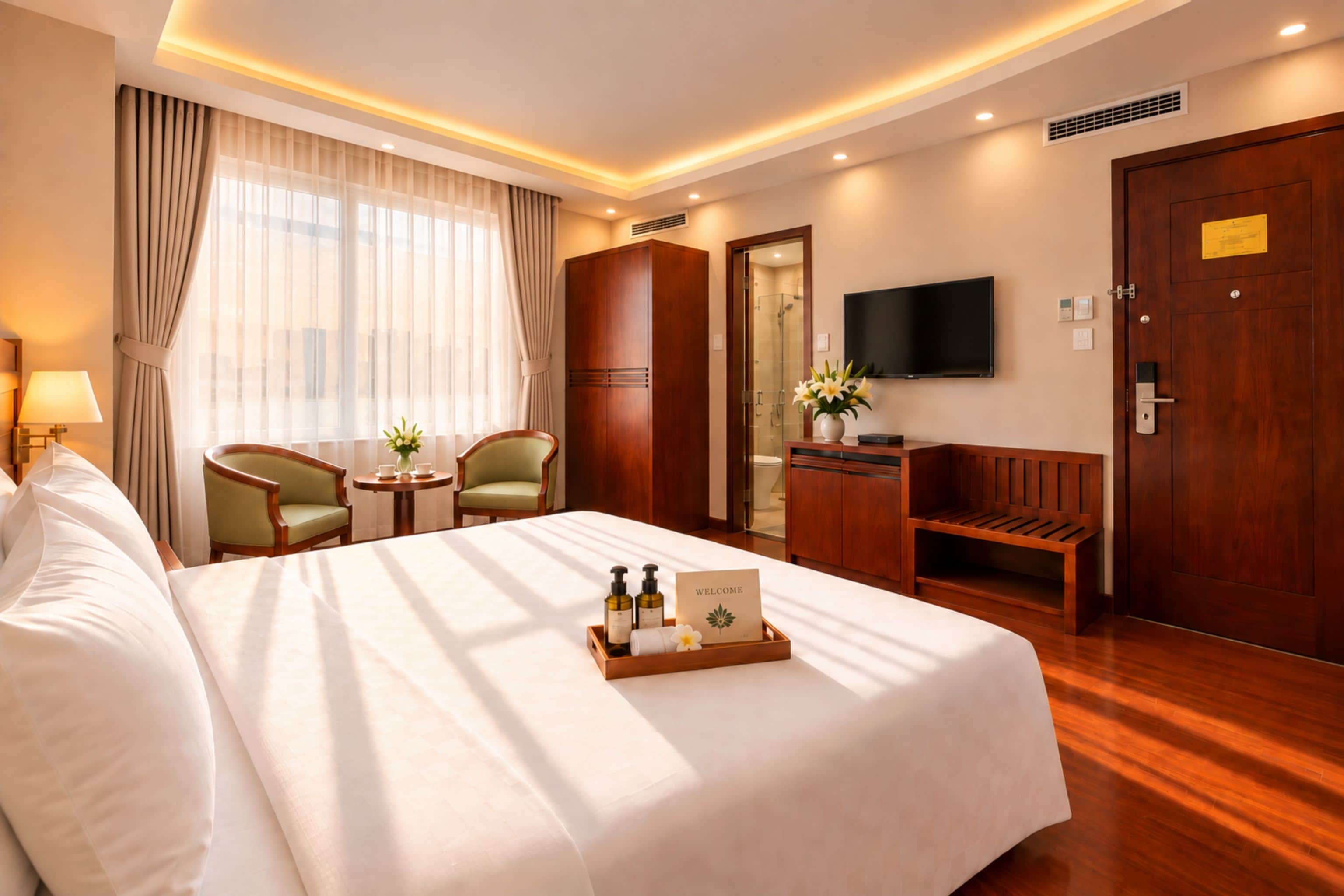 A hotel room with a bed, a desk, a chair, a television, and a wardrobe.