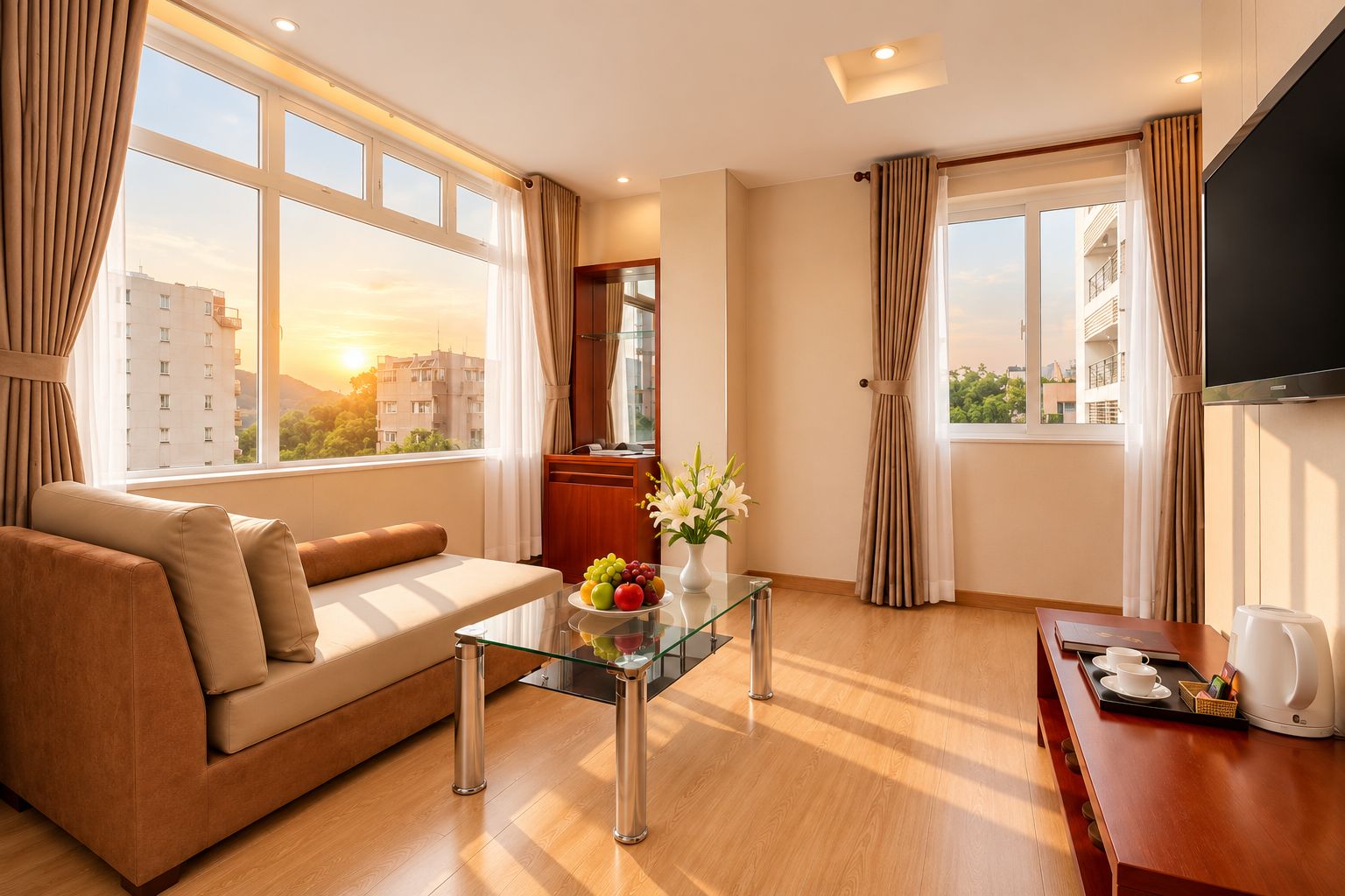 A modern living room with a sofa, a glass coffee table with fruit, a television, and a view of buildings through large windows.