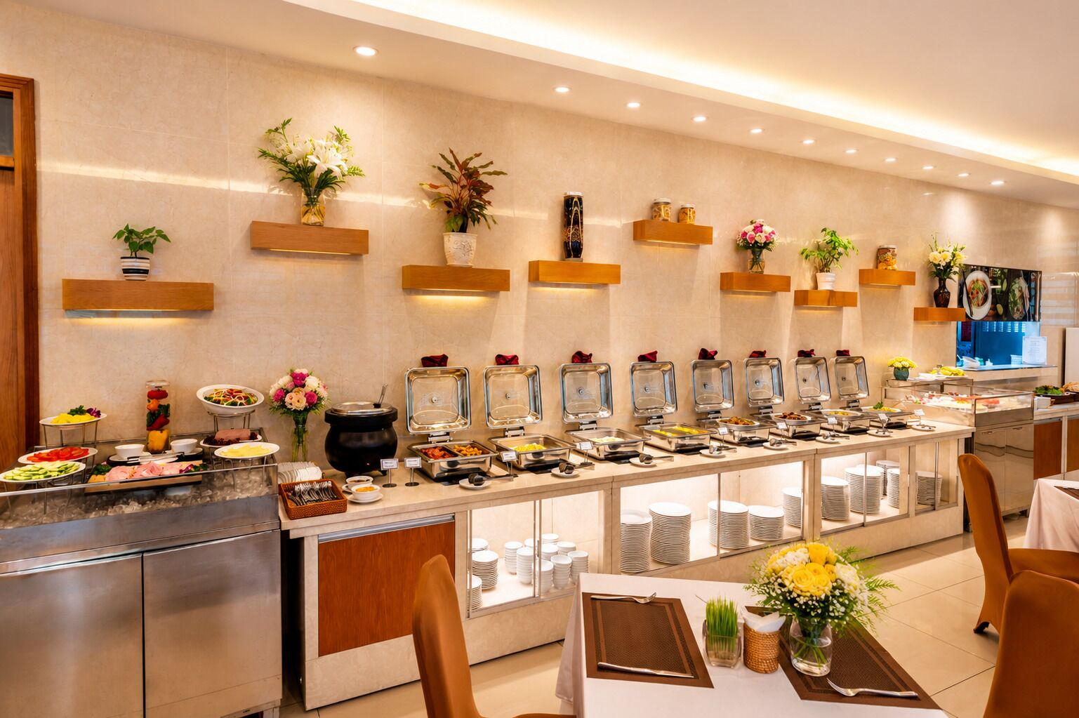 A buffet setup with various food stations, a seating area with tables, and decorative plants.