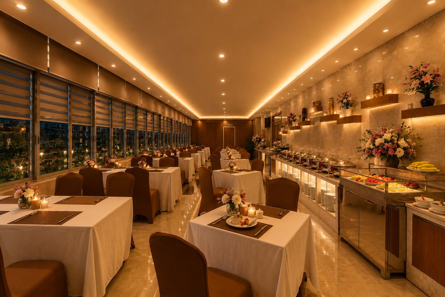A restaurant with multiple tables, a buffet area, and a view of the cityscape through large windows.