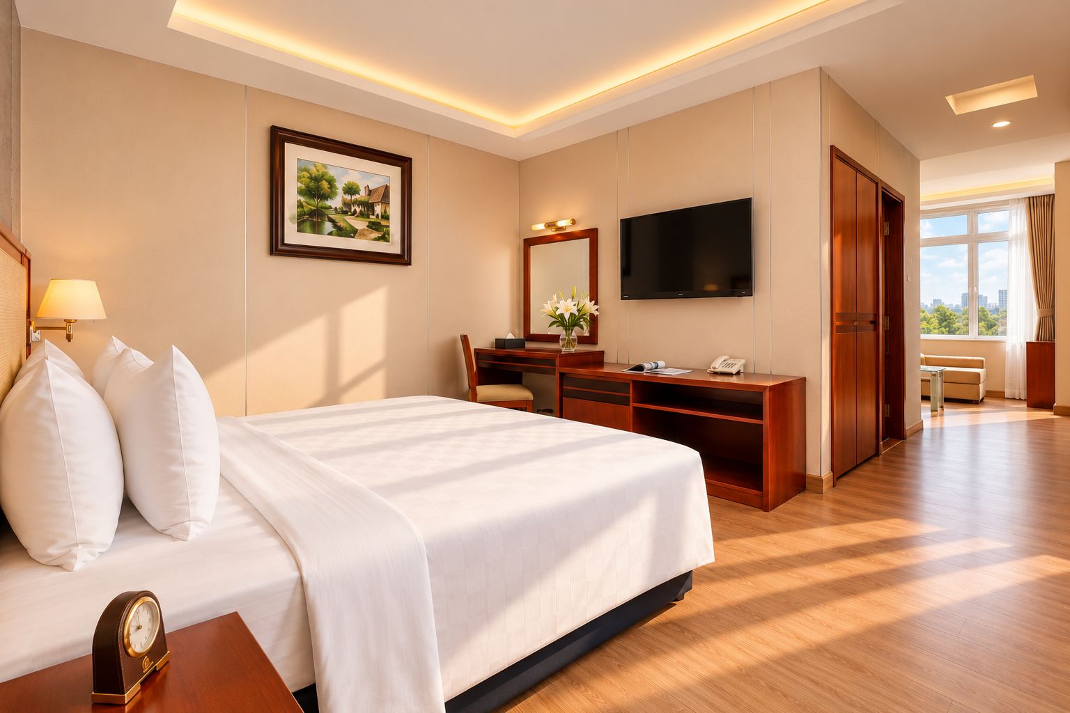 Een hotelkamer met een bed, bureau, stoel, televisie en een groot raam.