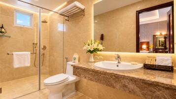 A modern bathroom with a glass shower enclosure, a toilet, a sink with a marble countertop, and a large mirror.
