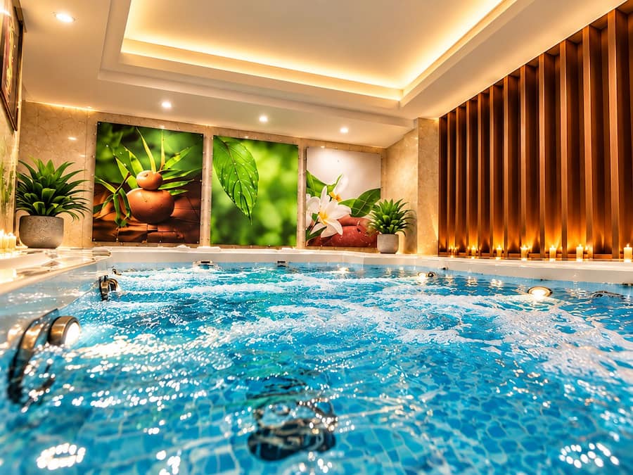 A modern indoor swimming pool with clear water, surrounded by a spa area with plants and a wooden wall.