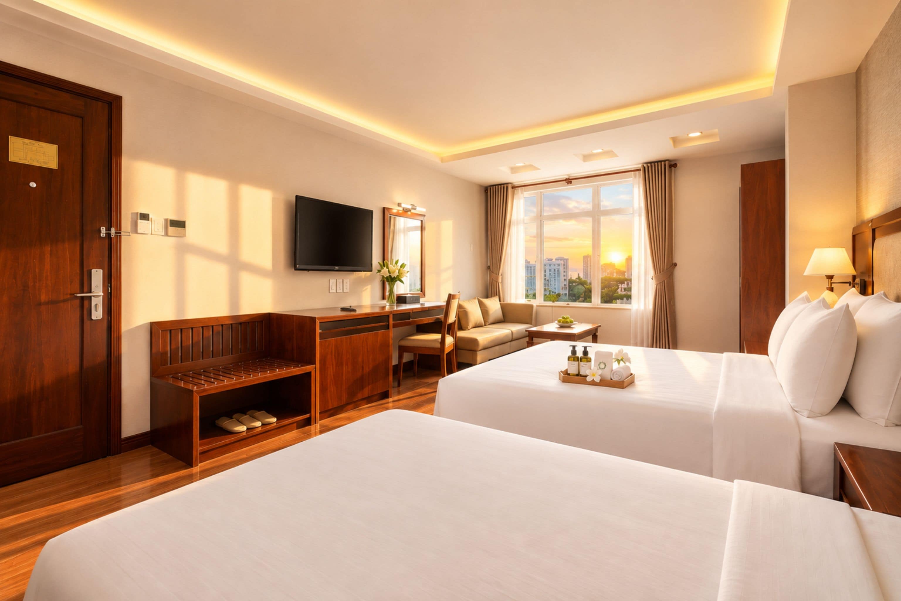 A hotel room with two beds, a desk, a TV, a sofa, and a large window with a city view.