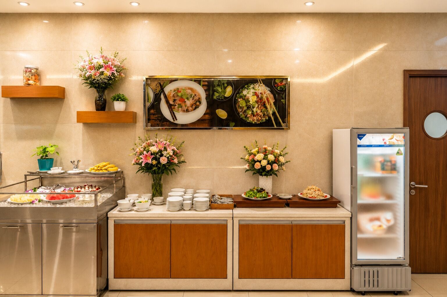 Ein reichhaltiges Buffet mit verschiedenen Speisen, einem Kühlschrank und dekorativen Blumen.