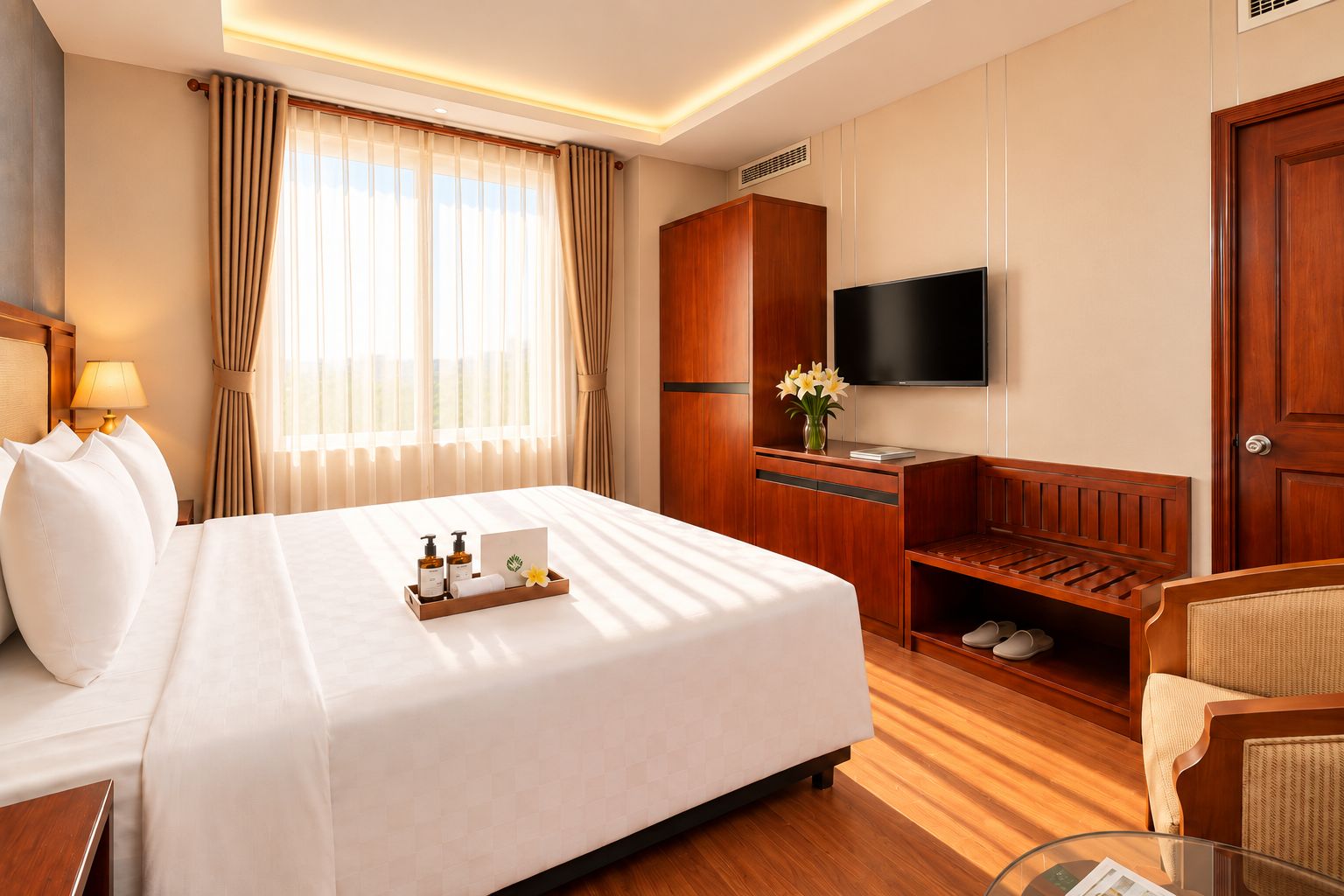 Ein Hotelzimmer mit einem großen Bett, einem Schreibtisch mit Flachbildfernseher, einer Sitzecke und einem Kleiderschrank.