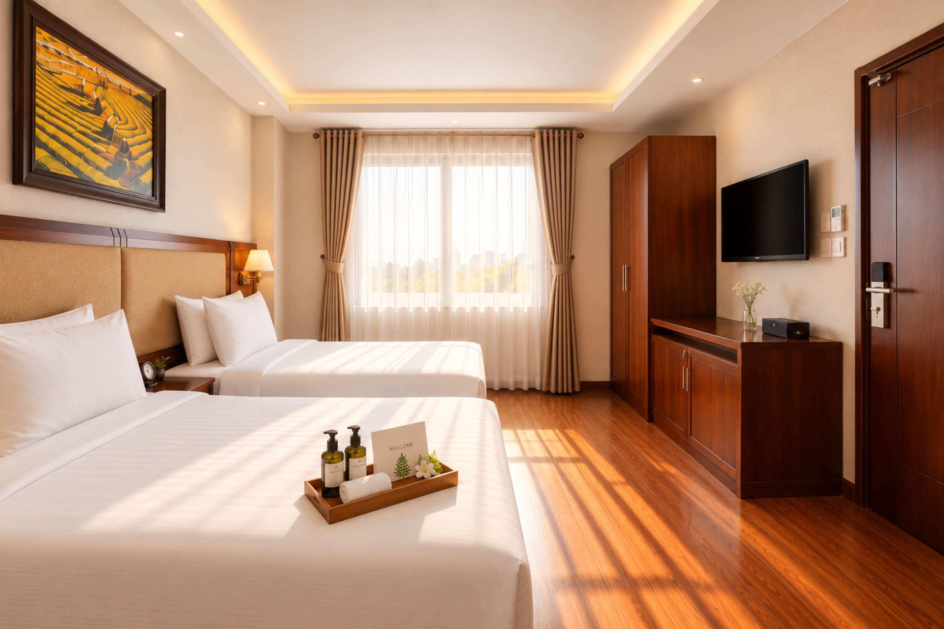 A hotel room with two beds, a television, a desk, and a cabinet.