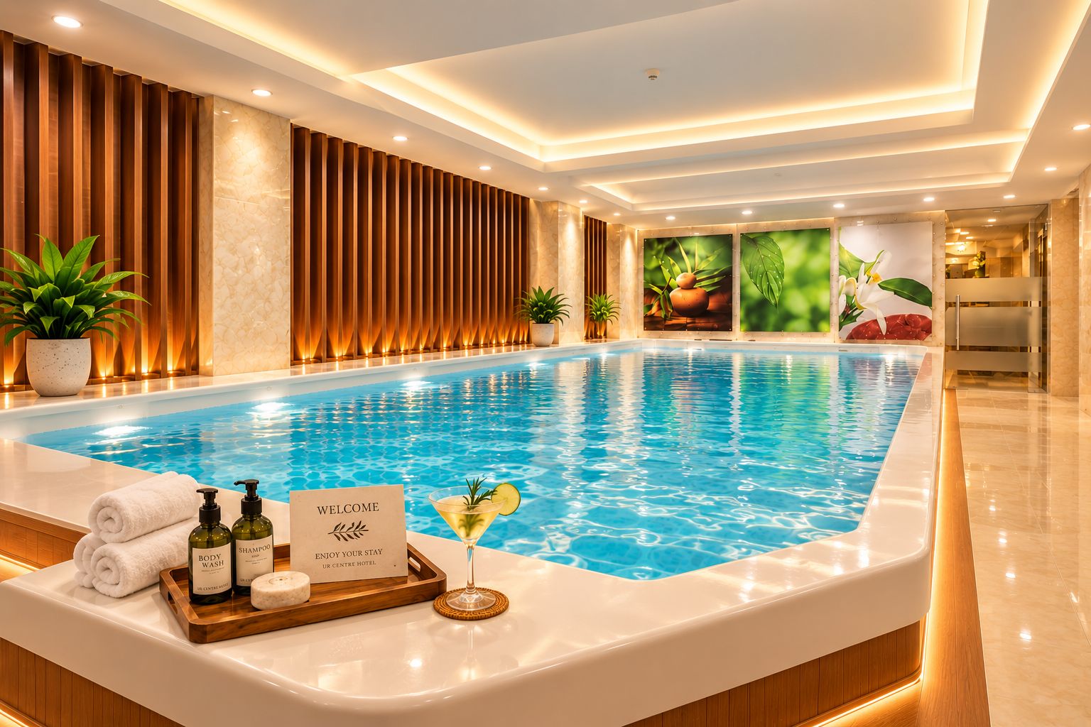 A modern indoor swimming pool with a reception area featuring a welcome sign, toiletries, and a martini glass.