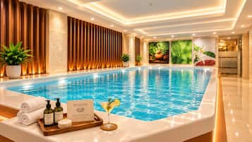 A modern indoor swimming pool with a reception area featuring a welcome sign, toiletries, and a martini glass.