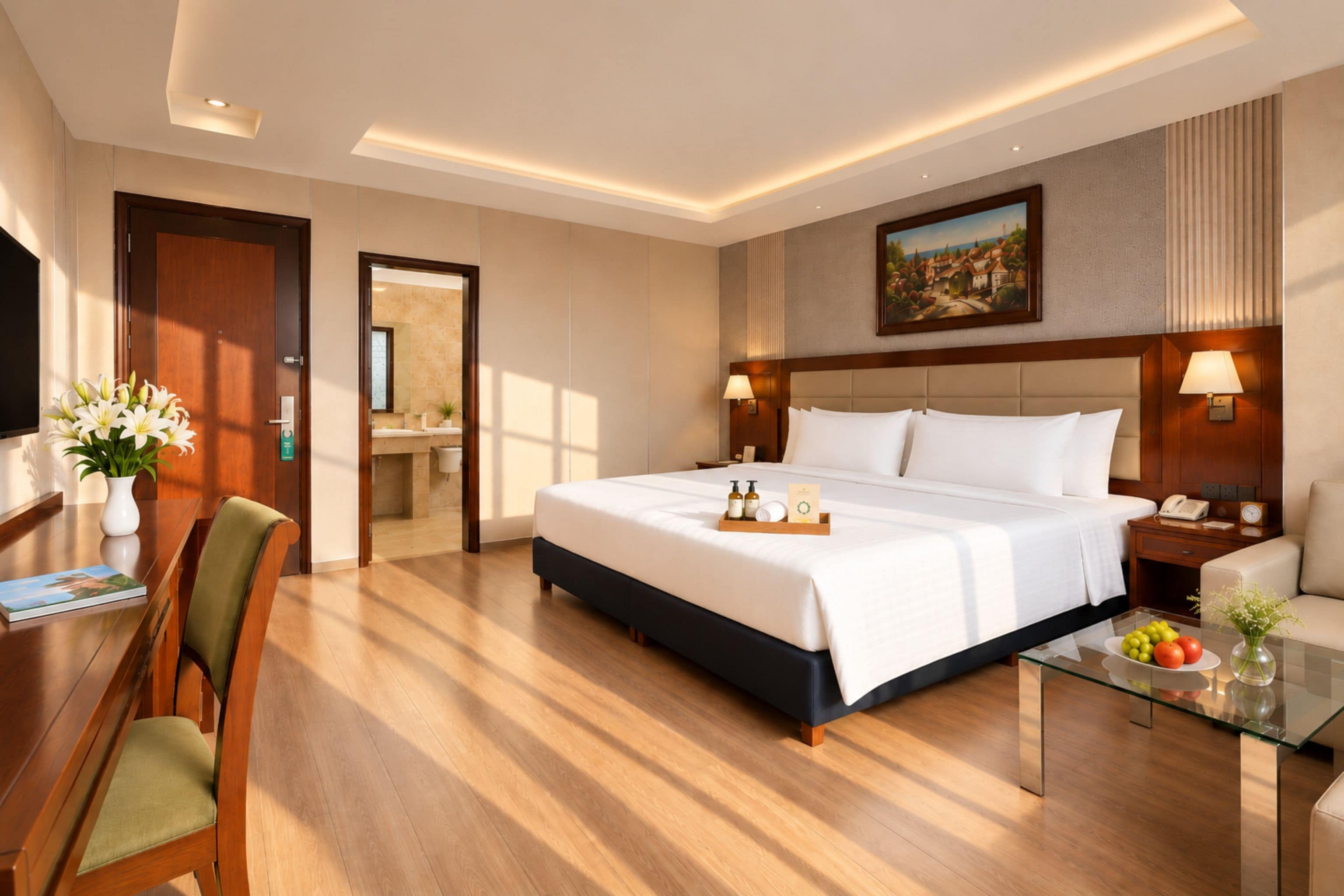 A hotel room with a large bed, bedside tables, a desk with a chair, a glass coffee table, and a painting on the wall.