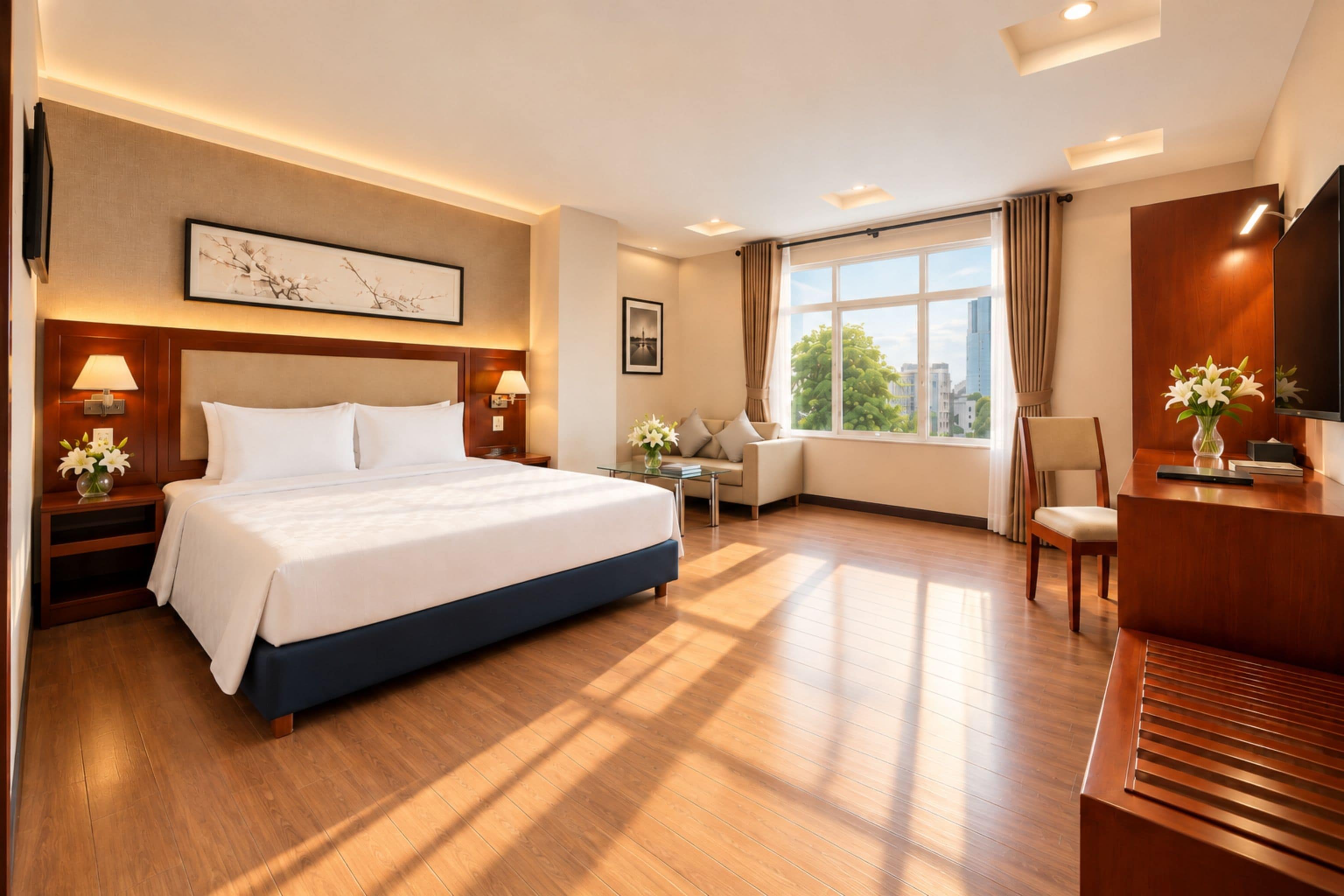 A hotel room with a large bed, a desk, a chair, a television, and a window with a city view.