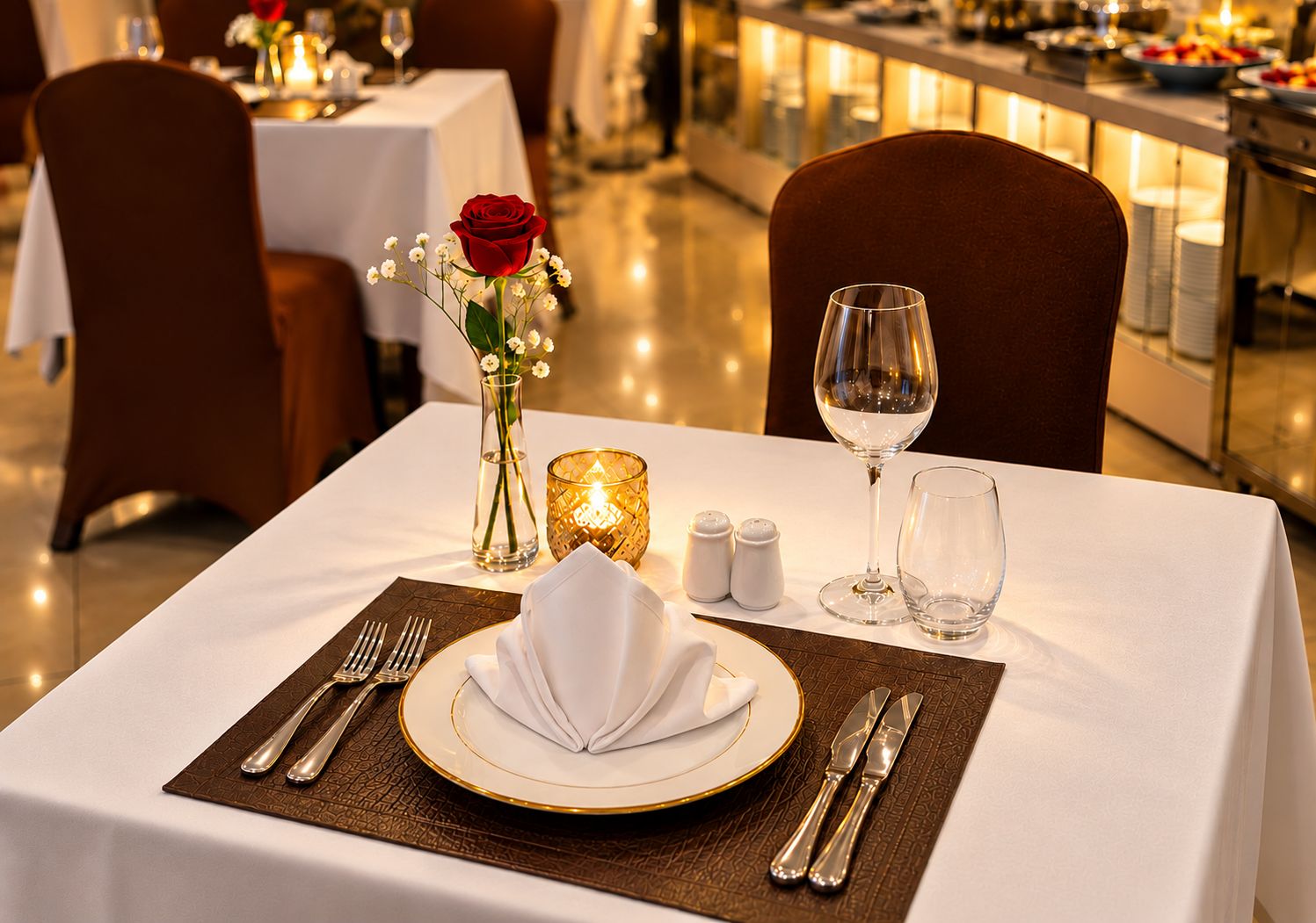 Una mesa de comedor con mantel blanco, un plato con borde dorado, cubiertos, una servilleta doblada, una rosa roja, una vela, saleros y pimenteros, y un vaso de agua.