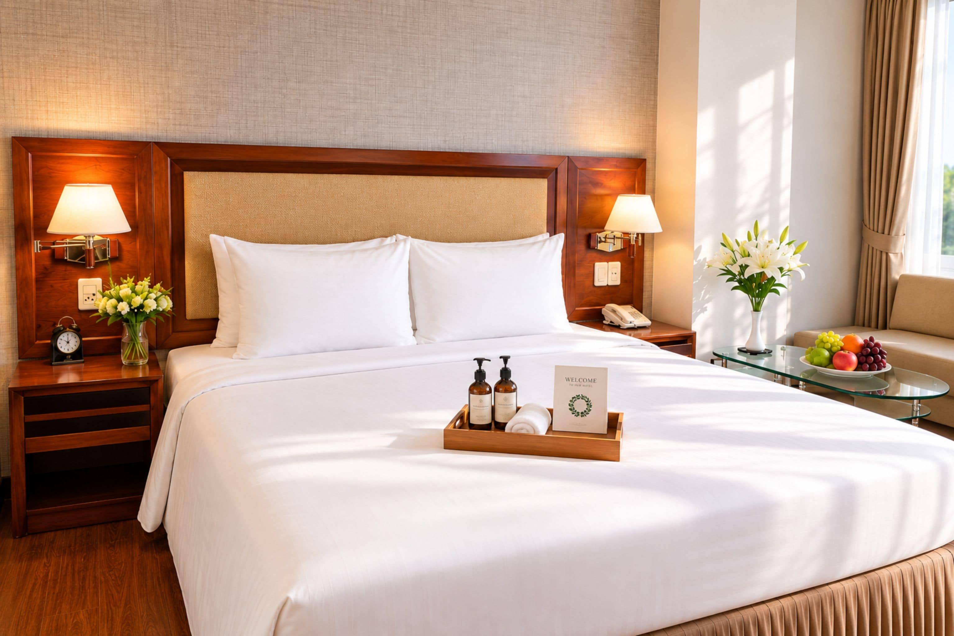 Quarto de hotel com uma cama grande, duas mesinhas de cabeceira, um criado-mudo, abajur, relógio, um vaso com flores, uma fruteira e um tabuleiro com produtos de higiene pessoal.