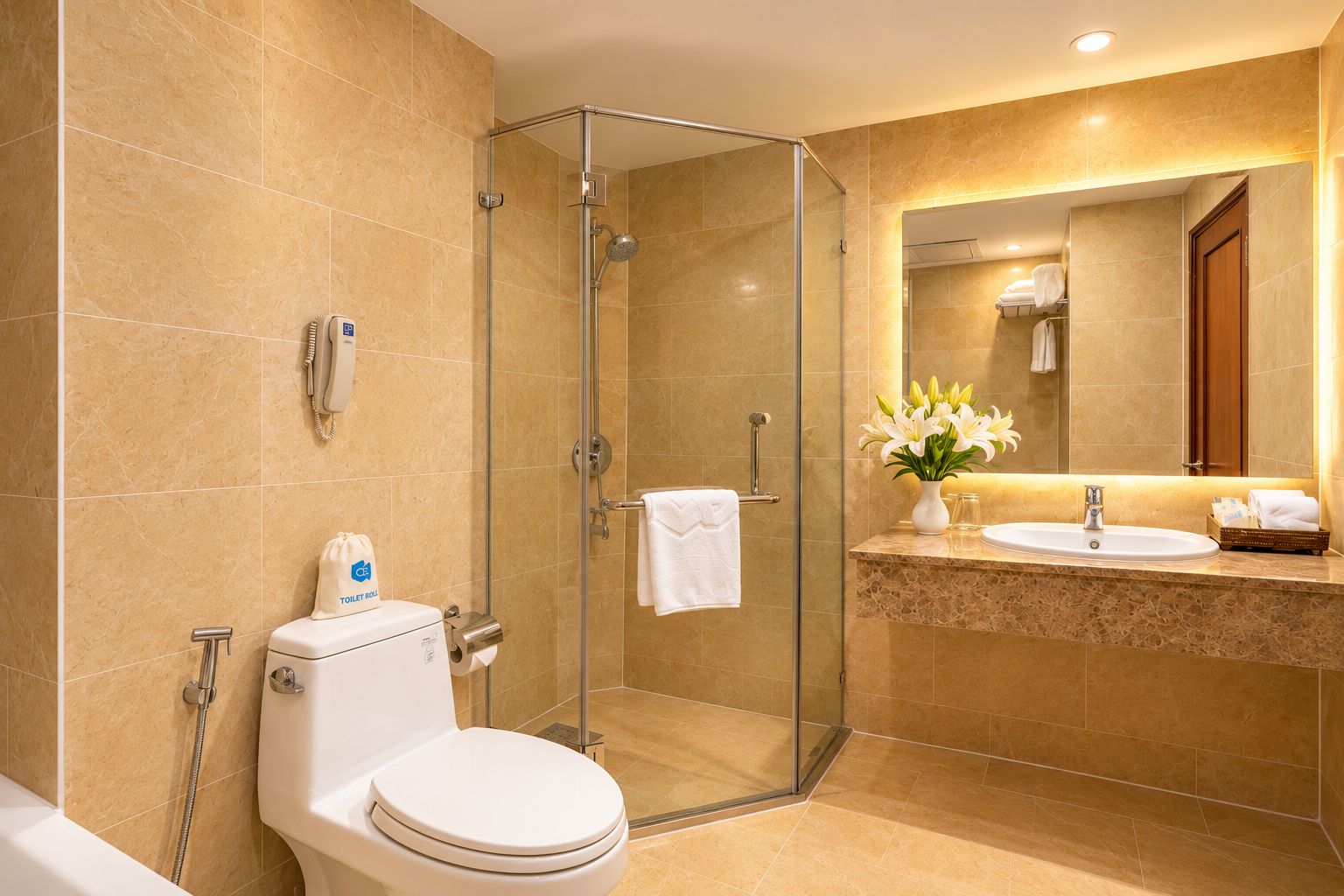 Un baño moderno con ducha de vidrio, inodoro, lavamanos con un florero y espejo.