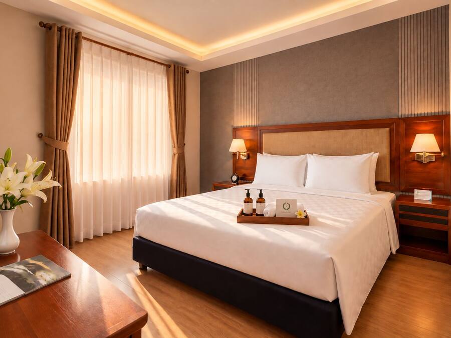 A hotel room with a large bed, bedside lamps, a nightstand, a wooden desk, and a vase with flowers.