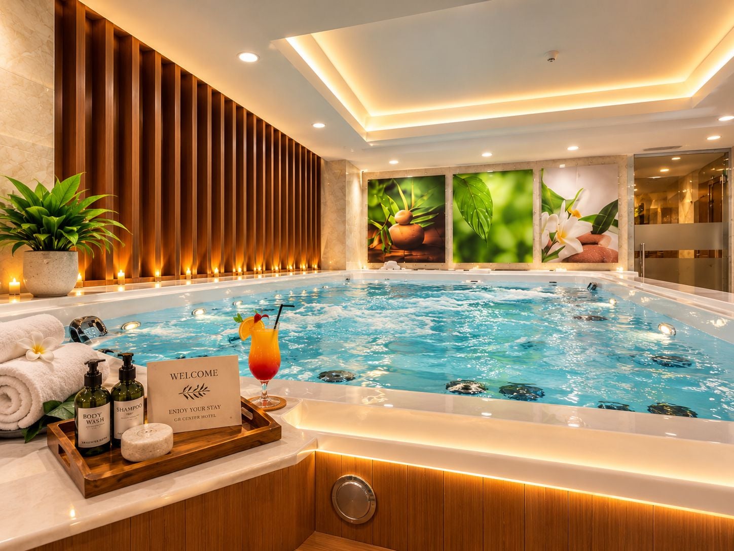 Ein Wellnessbereich mit Whirlpool, einer Willkommensanzeige und Annehmlichkeiten wie Duschgel und Shampoo.