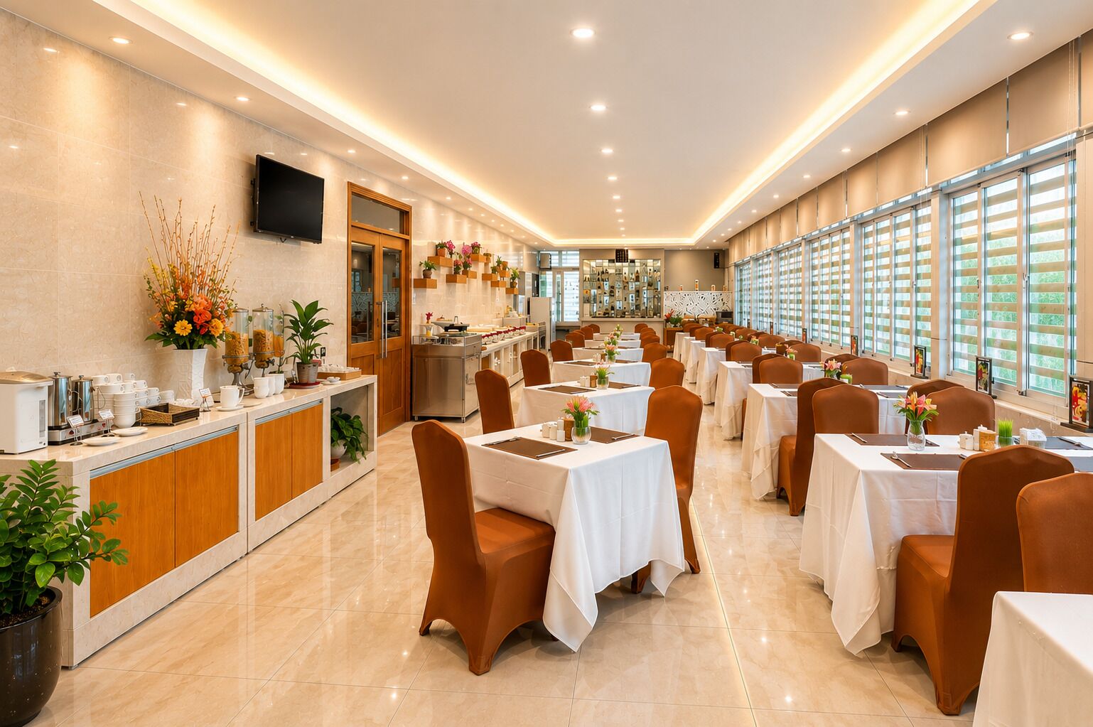 Ein Hotelrestaurant mit mehreren Tischen, Stühlen, einer Speiseauslage und einer Küchenzeile.