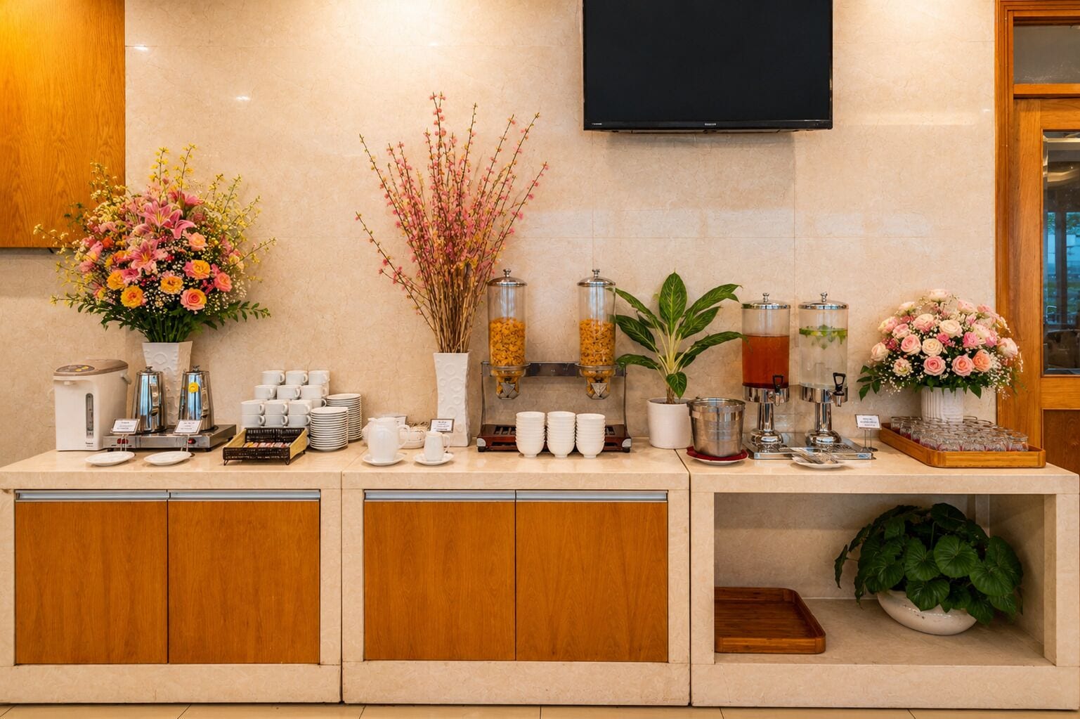 Zona de recepción de un hotel con una estación de café, un televisor montado en la pared y una variedad de flores y plantas.