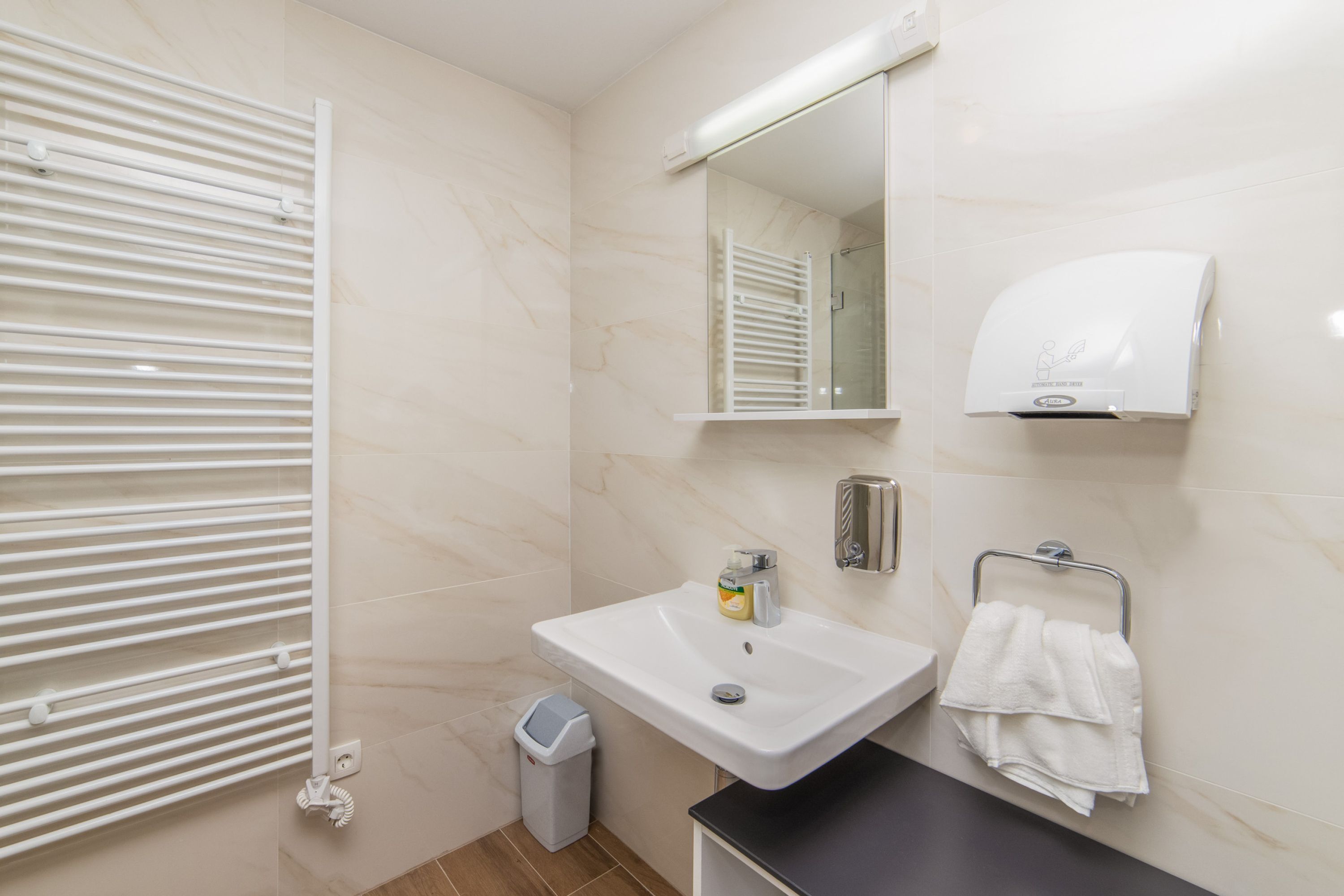 A bathroom with a white sink, mirror, towel rack, and a towel dispenser.