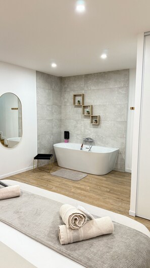 Hair dryer, towels, soap, toilet paper