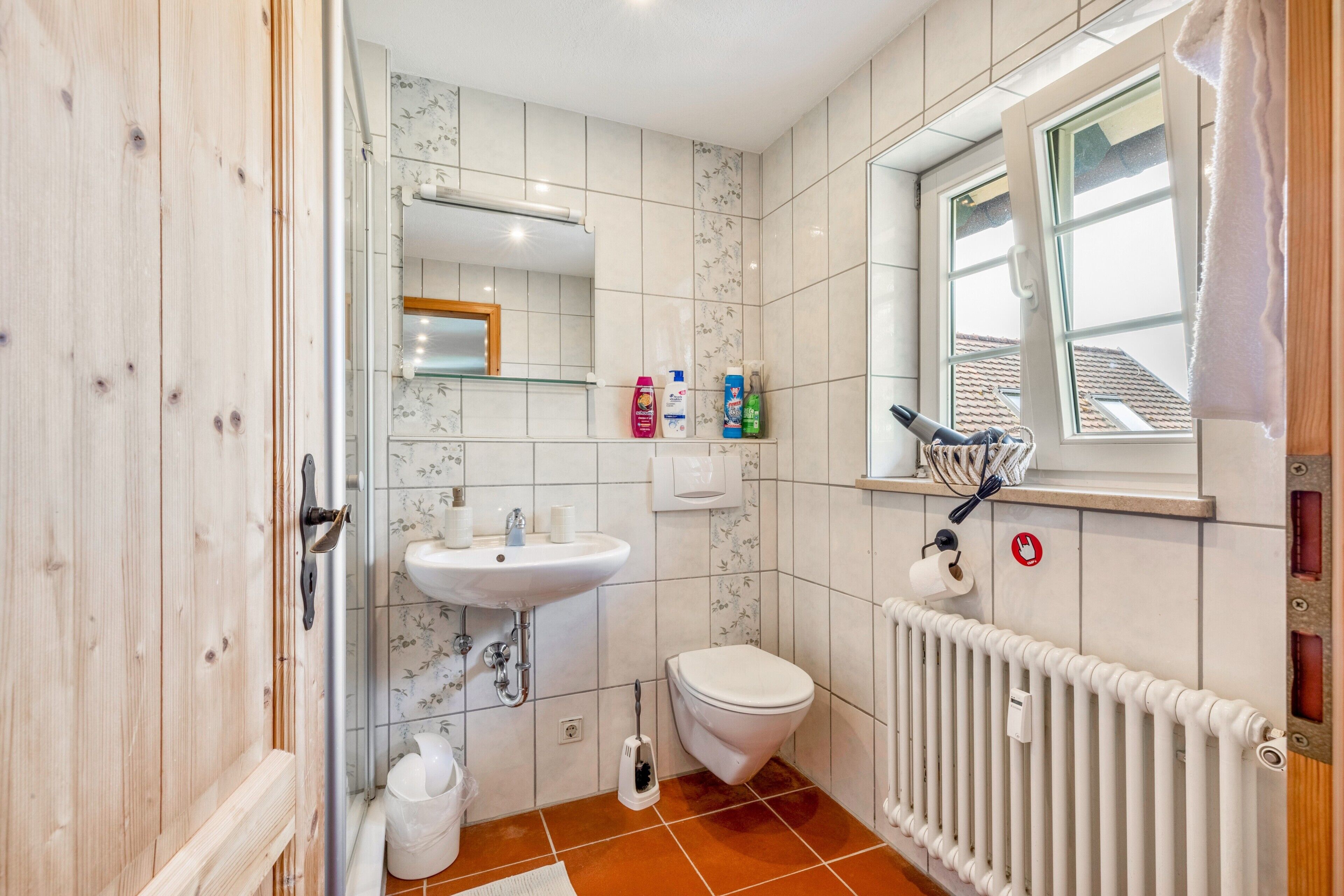Shower, hair dryer, towels