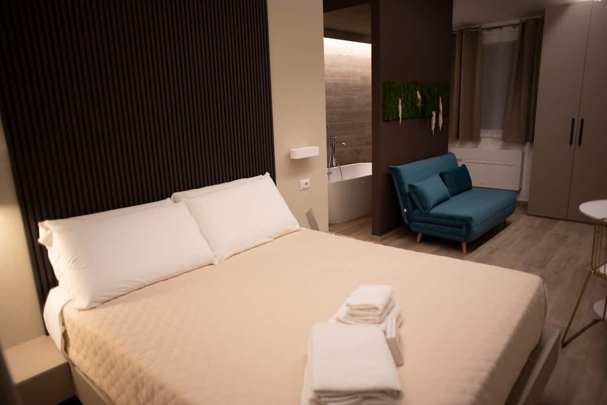 A hotel room with a bed, a sofa, a small table, and a shower area.