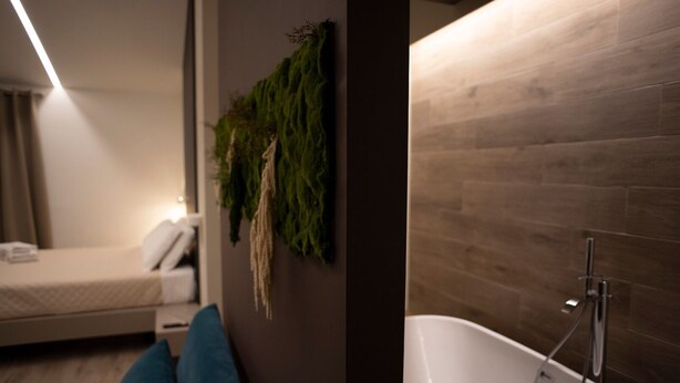 A modern hotel room with a bed, a wall-mounted plant, and a bathtub.